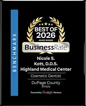renditionDownload | Nicole S. Kott, DDS Award plaque showing 'Best of 2026' with laurel wreath, 'BusinessRate' logo, and recipient Nicole S. Kott, D.D.S., Cosmetic Dentist at Highland Medical Center in DuPage County, Illinois; powered by Google Reviews.